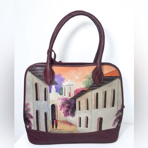 Hand-Painted Leather Tote Bag – Maschio’s Honduras Scenic Painting Brown Leather